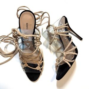 Schutz Black & Tan Leather Lace Up Strappy Wrap Open Toe High Heels Women’s 9.5